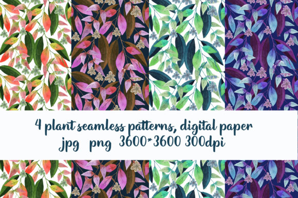 4 Plant Seamless Patterns, Digital Paper