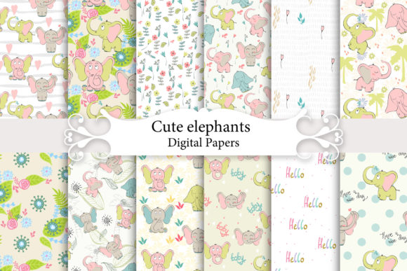 Cute Elephants. Seamless Patterns.