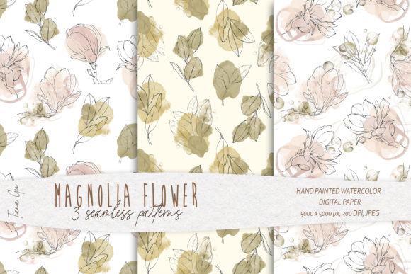 Pink Line Art Magnolia Seamless Patterns